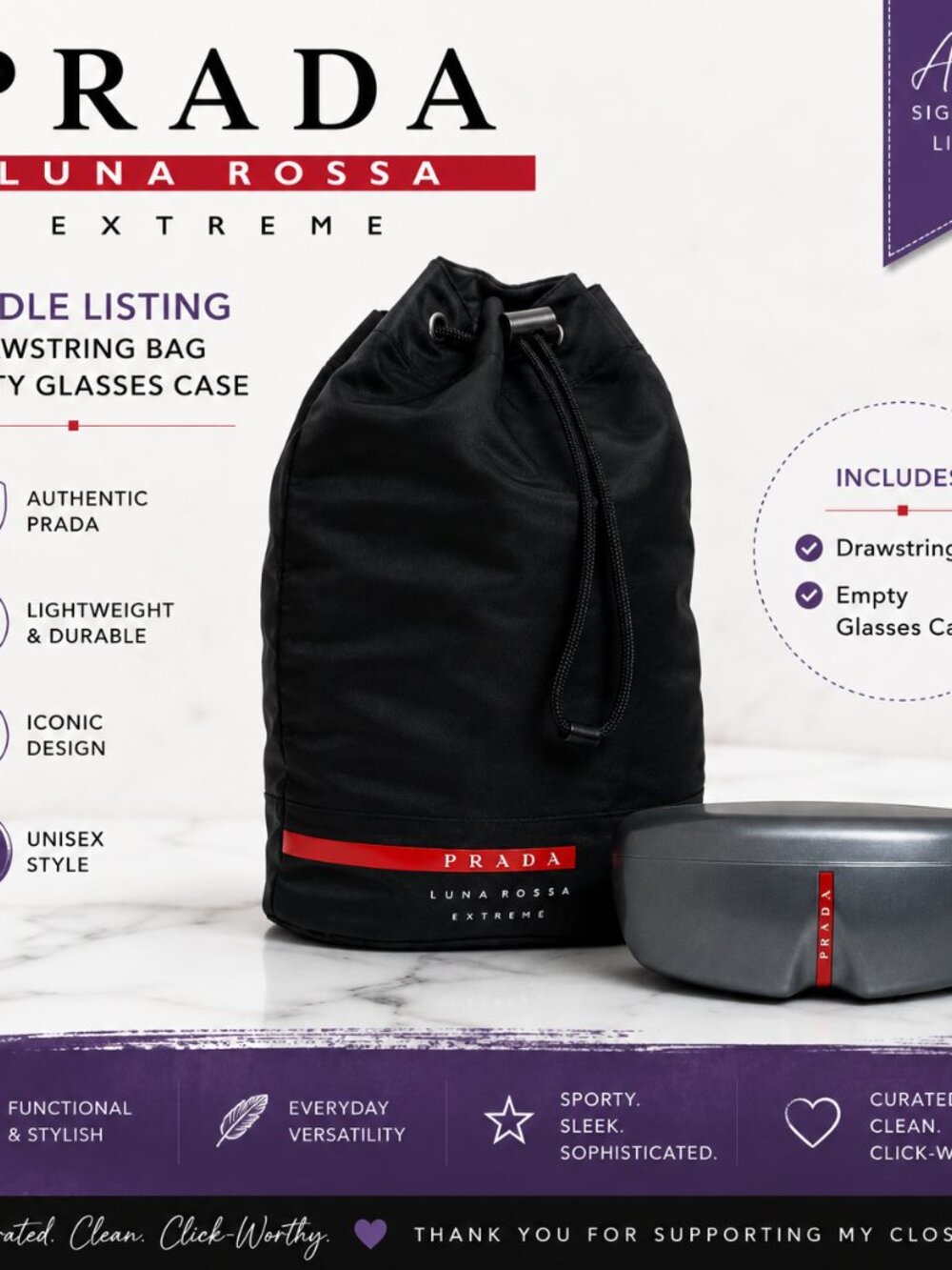 Prada Luna Rossa Extreme Drawstring Bag + Empty Glasses Case Black Travel Bundle - Picture 9 of 9